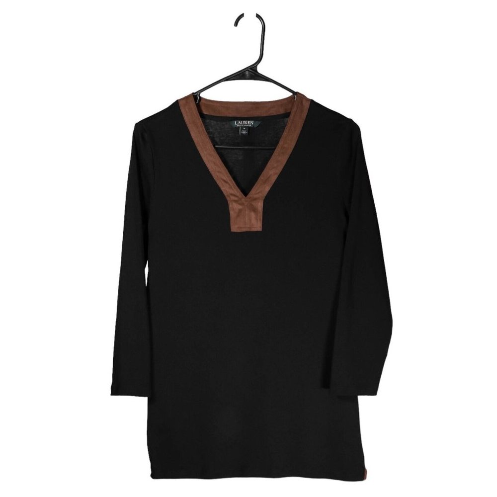 Ralph Lauren Women's Blouse Black Brown V-Neck Long Sleeve Knit Top Shirt Size M